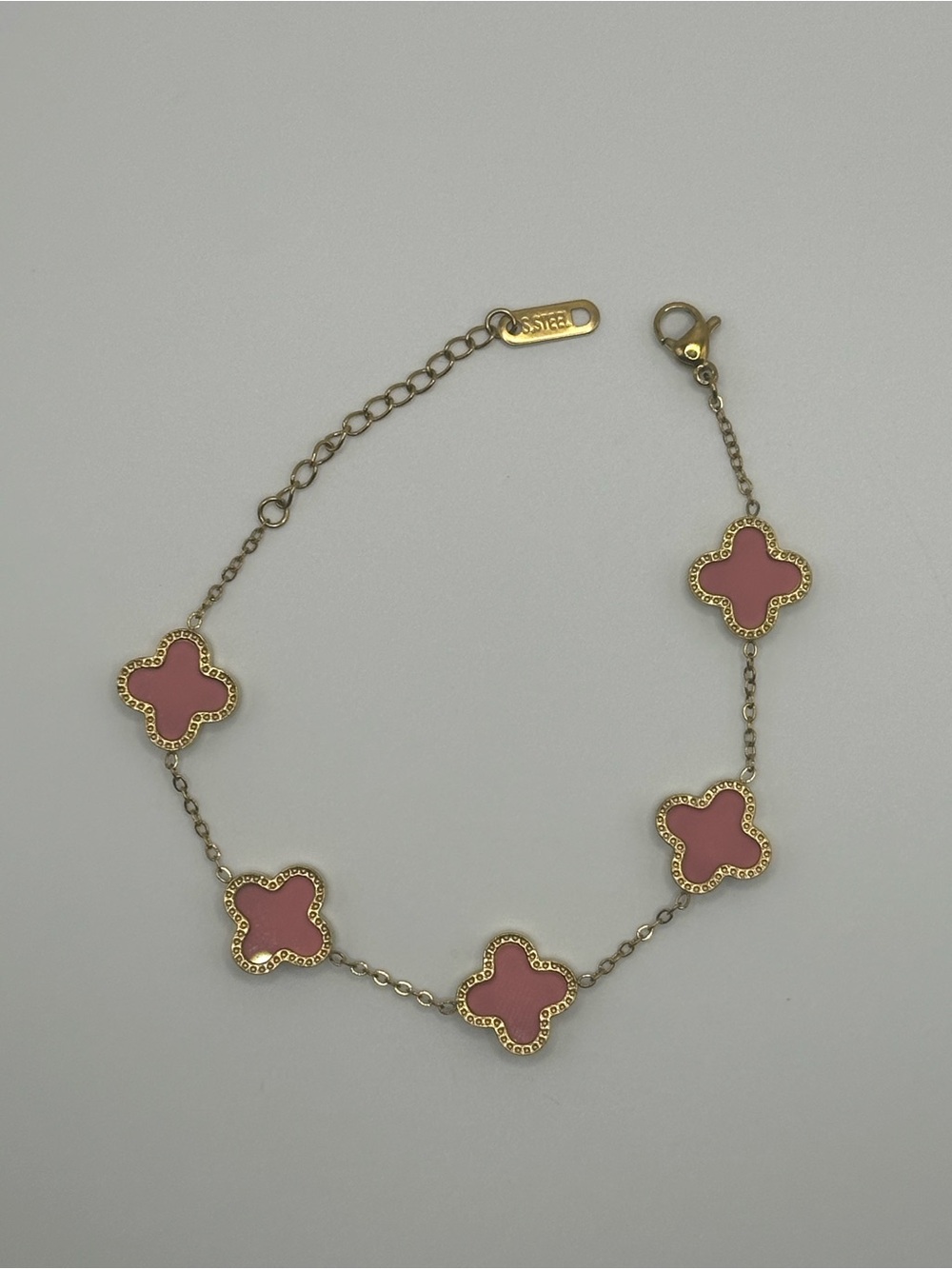 Gold Tone Pink Clover Link Bracelet